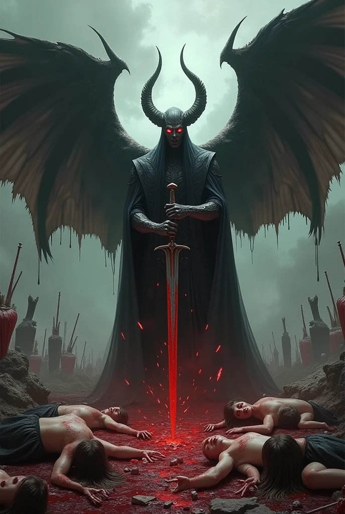 Death with aspect  , dark and Machiavellian , Black Wings ,killing an angel with his scythe, the angel is fallen covered in blood , the destroyed handles 