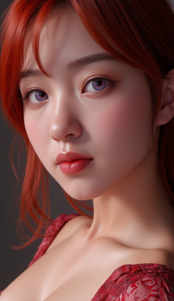  Close-up of a beautiful young Korean woman's face.
Lilac eyes,   red hair, wearing a sexy and provocative dress . 
(anime style 32K, HDR, UHD, intricate detail, extremely intricate detail, HYPERREALISTIC , extremely realistic, high quality,  vivid color , extremely detailed).