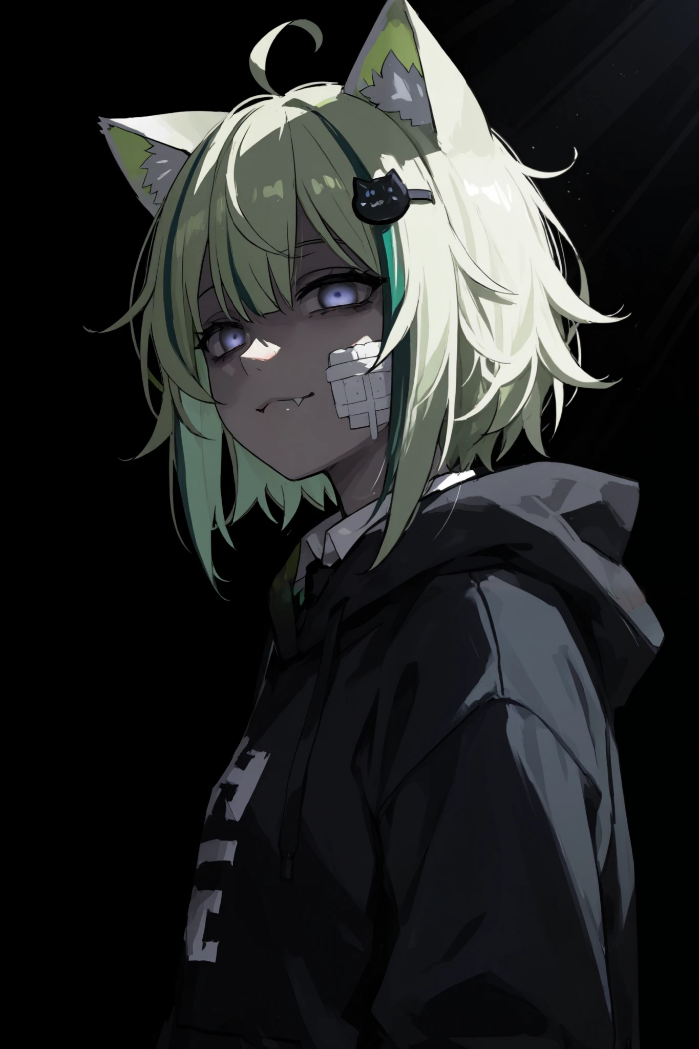 Masterpiece, Best Quality, 748cm, 1girl, face focus, close up,, standing, from side, looking at viewer, empty eyes, shiny eyes, upper body, bandage on cheek, animal ears, cat ears, multicolored hair, short hair, messy hair, light green hair, dark-green streaked hair, bangs, ahoge, fangs, mysterious smile, closed mouth, light blue eyes, black hoodie, hooded jacket, white shirt under jacket, long sleeves, black tie, hair ornament, cat hair ornament, dark atmosphere, dark theme, dark background, black background, dramatic lighting, chiaroscuro, soft focus, sunlight, mysterious atmosphere, low lighting, chiaroscuro,