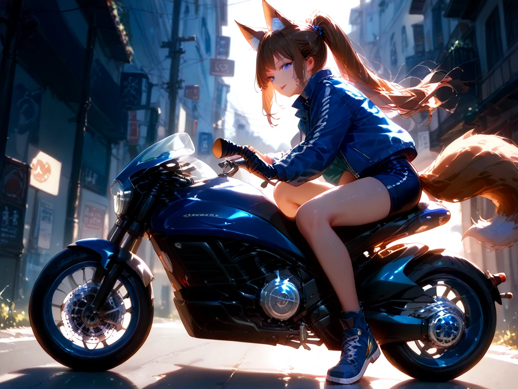 A girl is riding a motorcycle、 blue eyes、 brown hair、Fox Ears、 dark blue motorcycle、anime