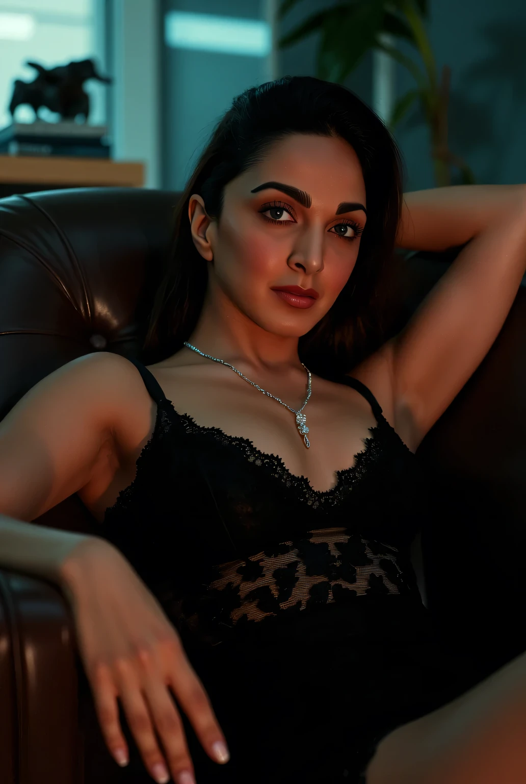 night scene from above, extreme close up photo of naked kiara having sex with big , big cheeks, perfect figure, swooping breasts, deep cleavage, lying on chair in office with wide open spread legs, open arms, sexy black lace floral saree, necklace, sultry, look at viewer and smile, ponytail, (cinematic:1.3), intricate details, (ArtStation:1.2)