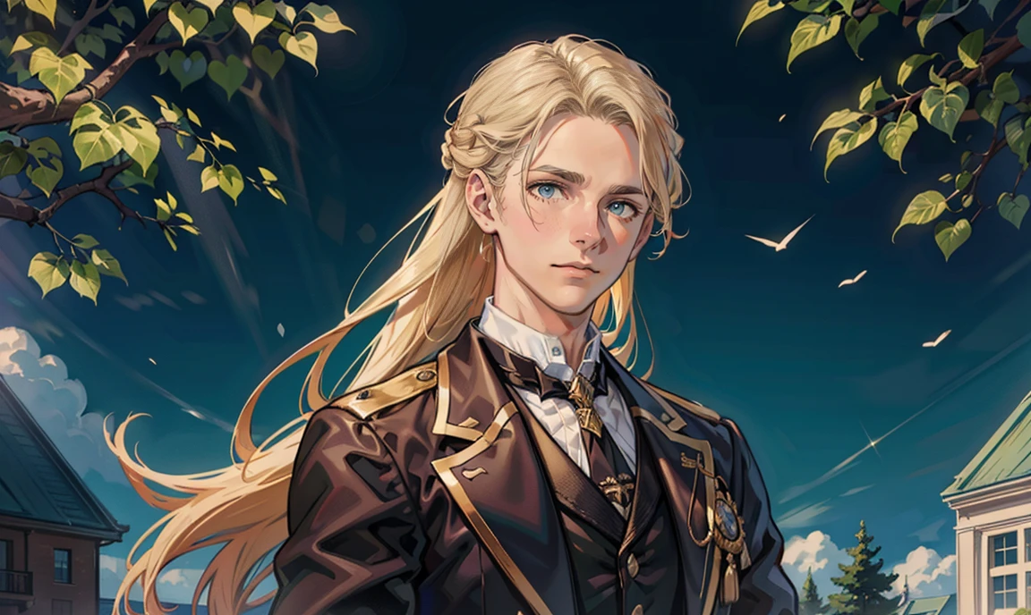 (masterpiece, best quality), 1 male, 26 years old:1.4, tall slender guy, finely detailed eyes and detailed face and detailed clothing, intricate details, realistic, very handsome, curly long blond hair:1.7, dark eyes:1.4, romantic beautiful face:1.5, professionally-dressed in a Victorian-era men's clothes:1.4, teacher:1.4, has a blushing disarmed expression on his face:1.7, looking at viewer:1.5, standing outside a secondary-school building, surrounded by trees.