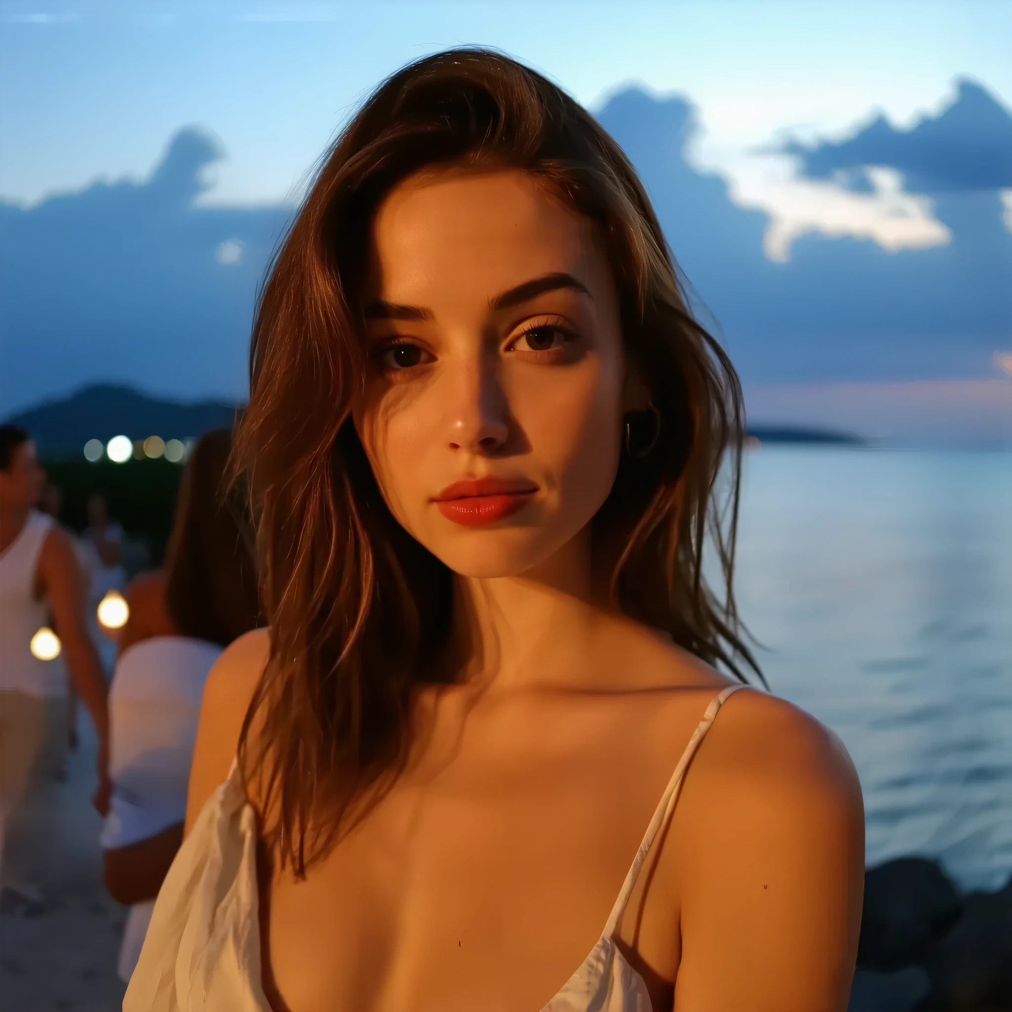 （best quality，High resolution，master piece：1.3），tall and beautiful woman，frontage，Long dark brown hair with loose waves, ((Nude, nipple, pussy))，(Full body), Sit on a chair and open legs wide, show nipple and pussy, dark alley， Beautifully rendered facial and skin texture details，charming eyes，charming eyes，double eyelid, Young lady age 20, gorgeous, cute girl, attractive girl, stunning girl, gorgeous young lady, fine dining restaurant on the mountain in Positano in Italy, gorgeous elegant attractive, enjoying life!!! Elegant, sitting at a table with plates of food and a glass of white wine,  sunset, near dark background.