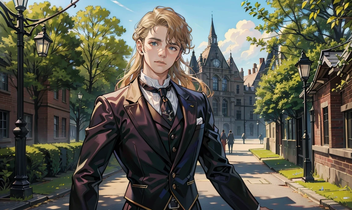 (masterpiece, best quality), 1 male, 26 years old:1.4, tall slender guy, finely detailed eyes and detailed face and detailed clothing, intricate details, realistic, very handsome, curly long blond hair:1.7, dark eyes:1.4, incredibly beautiful face:1.5, professionally-dressed in a Victorian-era men's clothes:1.4, teacher:1.4, has a blushing disarmed expression on his face:1.7, looking at viewer:1.5, standing outside a secondary-school building, surrounded by trees.