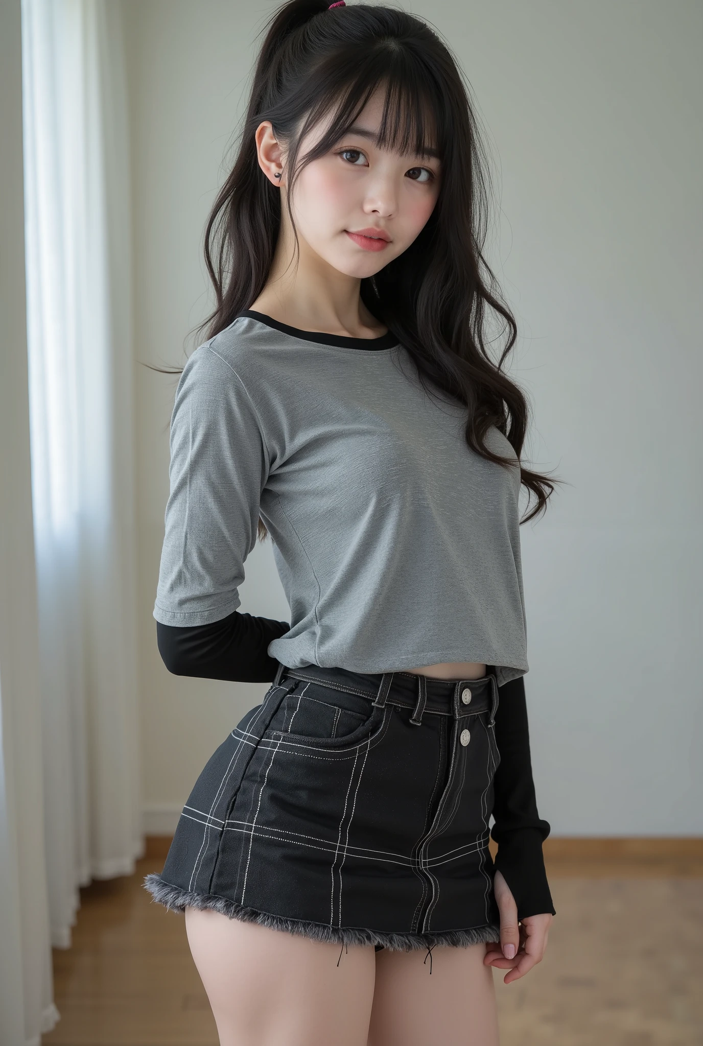  portrait,Masterpiece, nsfw,8k,( tidy 1 Girl , slender body,  short body,flat chest,narrow shoulder width, Wide pelvis,  small butt,  thick curvy thighs,shot from below  ),( teenage Japanese girl , 154 Height cm ,pale skin),top of head,knees,head tilt, black hair,straight medium ponytail hair with bangs

(beauty face, super cool face, hazel eyes,Looks affectionate, flirty smile ),

  wearing a long sleeve tight t-shirt 、Sleeves are black 、Body is gray , Black Denim Tartan Check Mini Skirt

85mm ,  Official AR RAW Photos ,( realistic, ultra detail ),  top quality,  chromatic aberration anatomically correct ,    Textured Skin

