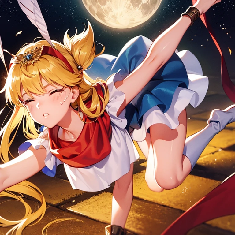 Tengu mask girl, blonde, big odd eyes, shrine, legs slightly spread, moonlit night,Model pose