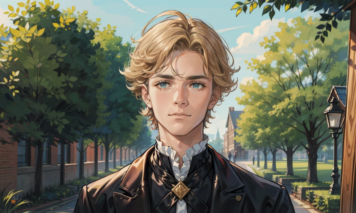 (masterpiece, best quality), 1 male, 26 years old:1.4, tall slender guy, finely detailed eyes and detailed face and detailed clothing, intricate details, realistic, curly medium-length blond hair:1.7, dark eyes:1.4, rincredibly beautiful face:1.5, professionally-dressed in a Victorian-era men's clothes:1.4, teacher:1.4, long eyelashes:1.5, has a blushing coy expression on his face:1.7, looking at viewer:1.5, standing outside a secondary-school building, surrounded by trees.