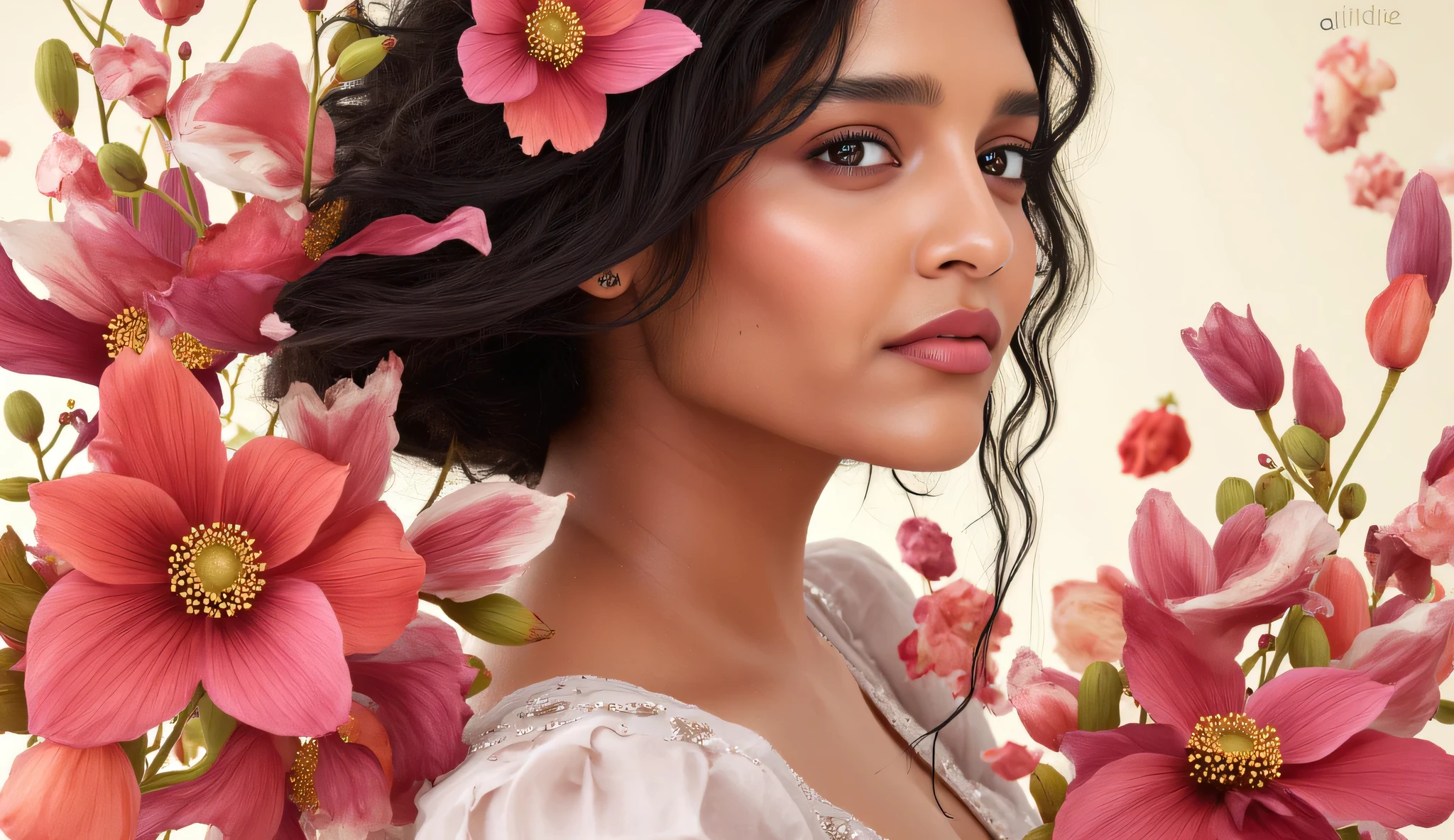 A woman in a dreamy pose surrounded by blooming petals of vibrant reds, pinks, and whites, swirling around her in an abstract floral theme. The dynamic, sweeping strokes evoke a garden's energy, with the 'AI Indie' signature hidden among the abstract blossoms