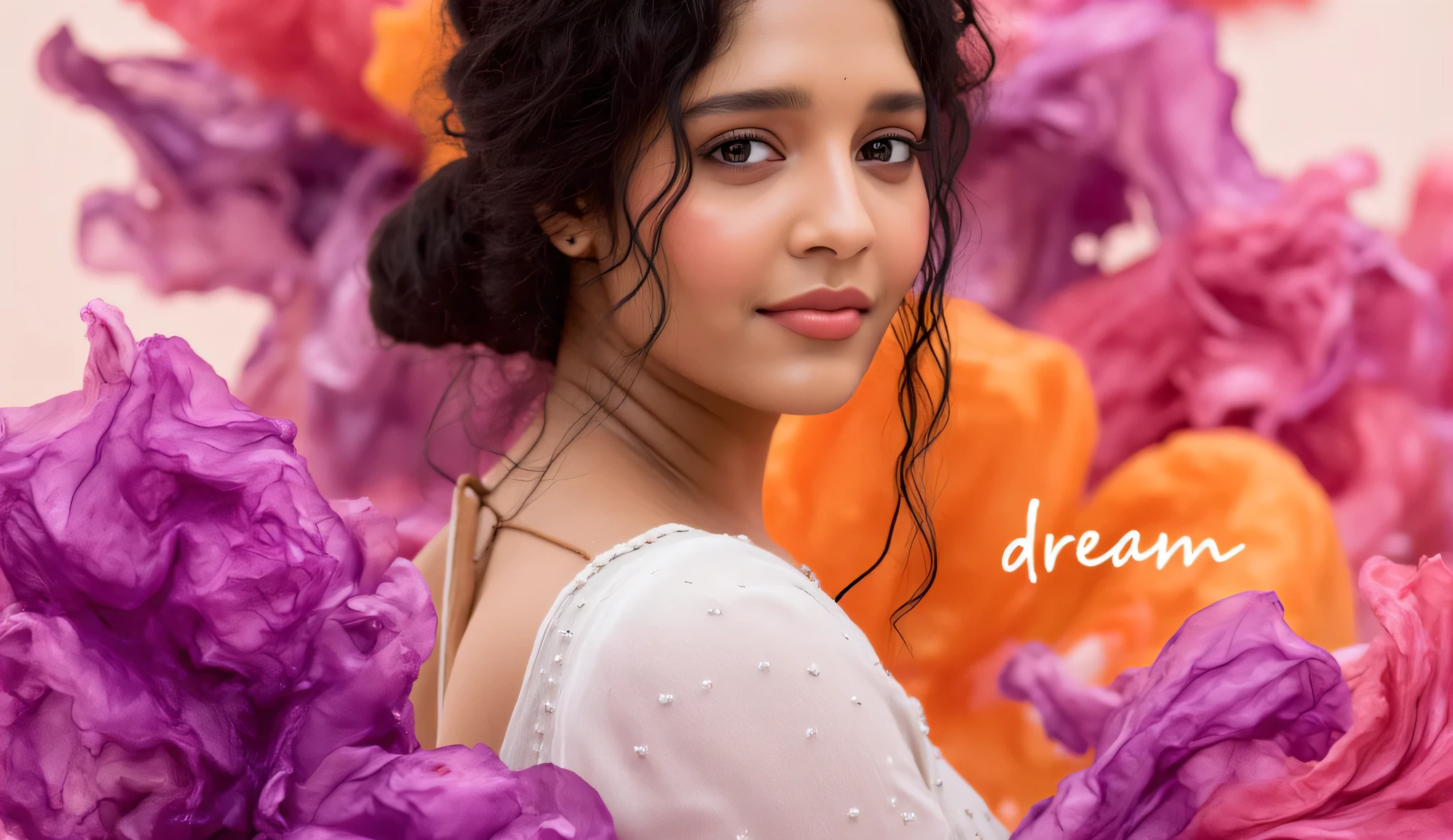 A woman in a dreamy pose, surrounded by a vibrant background of swirling pinks, purples, and oranges. The dynamic, colorful strokes evoke a sense of fluidity and grace. The word 'Dream' is delicately embedded symbolizing the endless possibilities of imagination. 'AI Indie' signature is softly placed at the bottom."