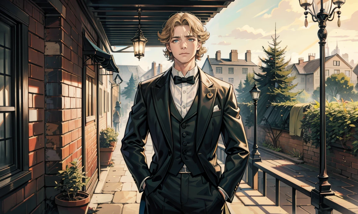 (masterpiece, best quality), 1 male, 26 years old:1.4, tall slender guy, finely detailed eyes and detailed face and detailed clothing, intricate details, realistic, curly medium-length blond hair:1.7, dark eyes:1.4, rincredibly beautiful face:1.5, professionally-dressed in a Victorian-era men's clothes:1.4, teacher:1.4, long eyelashes:1.5, has a blushing coy expression on his face:1.7, looking at viewer:1.5, standing outside a secondary-school building, surrounded by trees.