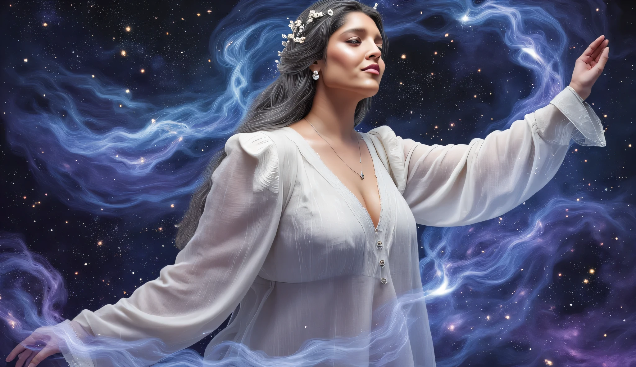 "A woman in a dreamy pose surrounded by a cosmic-inspired background of swirling blues, silvers, and deep purples, reminiscent of a galaxy. The dynamic strokes create a celestial atmosphere, and the 'AI Indie' signature is softly blended into the starry foreground."