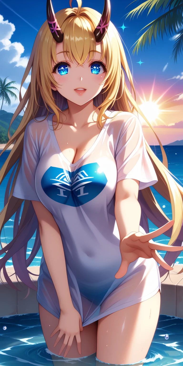 score_9,score_8_up,score_7_up, masterpiece, 1girl, solo, source_anime, scenery, (mature woman:1.3), (wide thighs), (wide hips), (detailed eyes), (high definition eyes), (high gradient eyes), (eyesHD), (best quality:1.4), a close up of a woman with colorful hair, anime girl with cosmic hair, rossdraws pastel vibrant, artwork in the style of guweiz, fantasy art style, colorful, vibrant fantasy style, cosmic and colorful, guweiz, colorfull digital fantasy art, stunning art style, beautiful anime style, shiny, shiny skin, (beautiful female), beautiful face, clear face, Shiny hair, (yellow hair), (very long hair), (blue eyes:1.2), concept art, professional anime, (big eyes:1.2), (big breasts:0.8), sidelocks, ahoge, oni horns, standing, side view, palm tree, see-through, wet, ocean, wet clothes, palm leaf, tree, looking at viewer, day, sky, (wet t-shirt), water, horizon, blue sky, cloud, parted lips, cleavage, outdoors, smile, blush, see-through silhouette, cloudy sky, collarbone, shore, sand, sunlight, leaning forward, sun, lips, leaf, cowboy shot, (white t-shirt), pink lips, summer, poolside, water drop, reaching out, sidelocks, thighs, sparkle, wading, island, teeth, standing, lens flare, open mouth, condensation trail, eyelashes, upper body, sweat, close up view, (1 t-shirt),