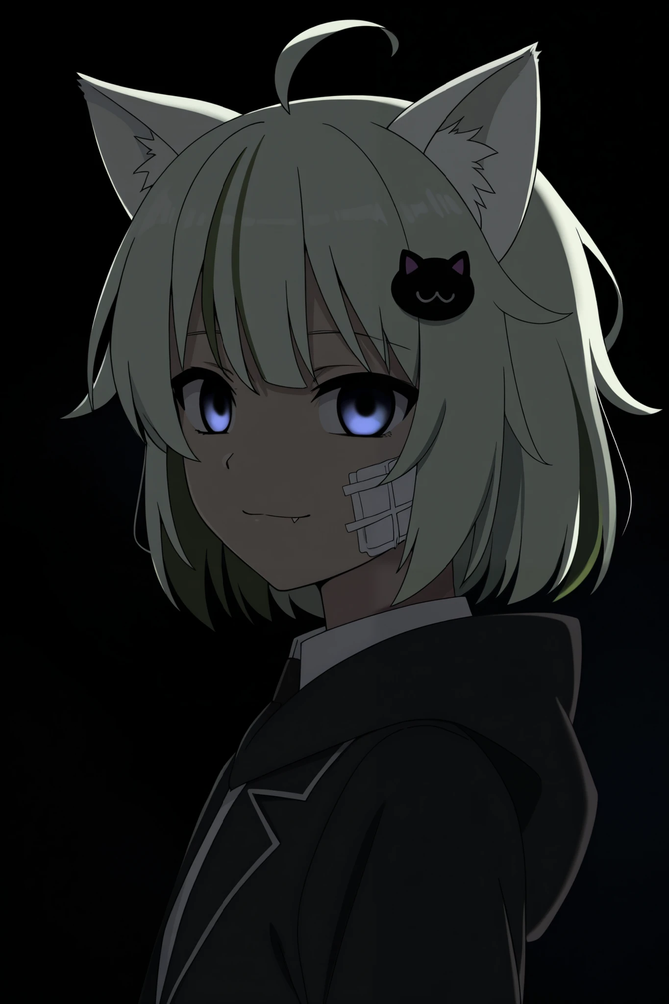 Masterpiece, Best Quality, 748cm, 1girl, face focus, close up,, standing, from side, looking at viewer, empty eyes, shiny eyes, upper body, bandage on cheek, animal ears, cat ears, multicolored hair, short hair, messy hair, light green hair, dark-green streaked hair, bangs, ahoge, fangs, mysterious smile, closed mouth, light blue eyes, black hoodie, hooded jacket, white shirt under jacket, long sleeves, black tie, hair ornament, cat hair ornament, dark atmosphere, dark theme, dark background, black background, dramatic lighting, chiaroscuro, soft focus, sunlight, mysterious atmosphere, low lighting, chiaroscuro,