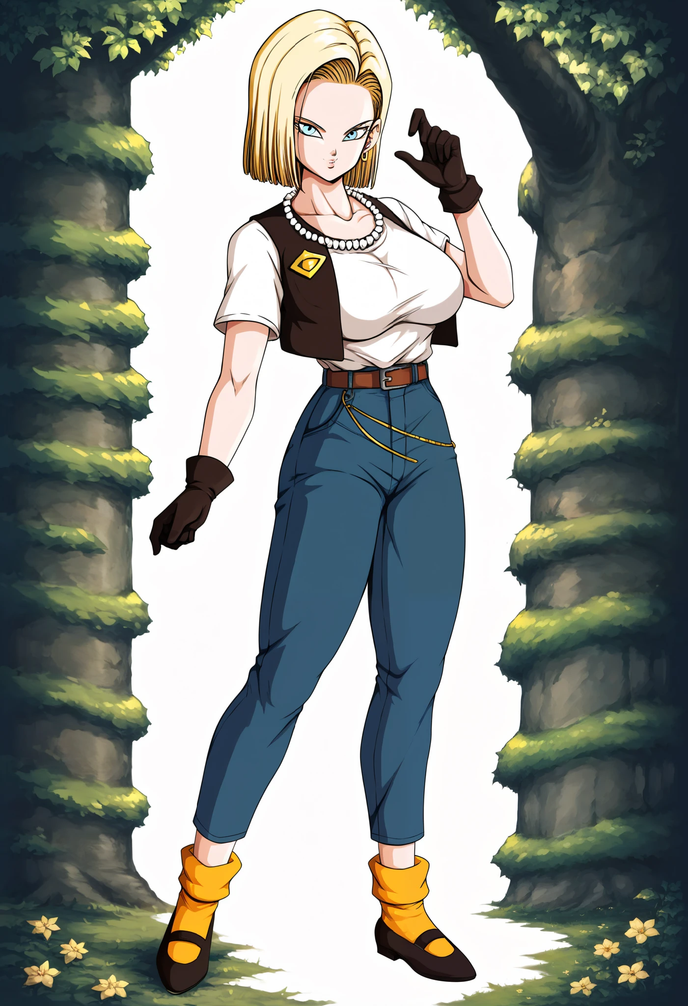 (( masterpiece)), (( better quality)), ( Detailed ), perfect, Alone , peach,  beautiful woman ,  full lips,  wide hair,  HUGE Breasts,  deep neckline , Big breasts, (((  cross shaped )),  big thighs,,,, masterpiece,  Detailed  face, android 18,  a girl, Alone,  short hair, Blue eyes,  blond hair ,  belt,  looking at the viewer ,  black gloves, forehead, tucked in shirt,  white t-shirt ,  black shoes, Insignia, string, jeans,  Looking at Others , orange socks,  high waist pants,  black open vest ,  pearl necklace, flowers around.