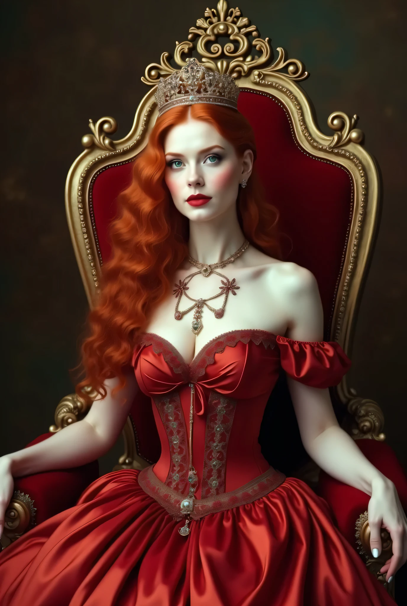 (Red curly hair),Queen,Queen Clothing,Holding a love staff,Red lipstick,(the red queen,Disney Villains),Big Head,Pale skin,Villains,Sitting on the throne,accessories,poker,Blue Eyeshadow
