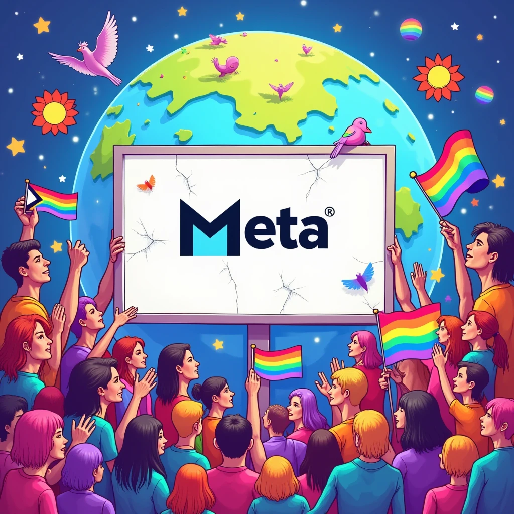 **Prompt for creating an image:**
"A vibrant, colorful world in the style of a modern cartoon, where diverse people with LGBTQ+ flags (rainbow, trans, non-binary, etc.) unite against the backdrop of planet Earth. In the foreground, a large screen with the Meta logo is cracking, symbolizing condemnation of censorship. Around the screen are symbols of freedom: birds, flowers, and the sun. The overall atmosphere is one of fighting for equality and against the suppression of voices. Style: bright colors, smooth lines, and expressive faces."
*Additional details:*
- **Colors:** Rainbow, pastel tones with accents of bright colors.
- **Mood:** Hope and resistance combined.
- **Details:** Flags, symbols of inclusivity, cracks on the screen as a metaphor for breaking censorship.