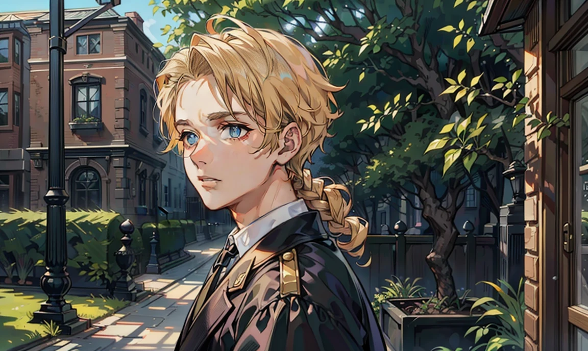 (masterpiece, best quality), 1 male, 26 years old:1.4, tall slender guy, finely detailed eyes and detailed face and detailed clothing, intricate details, realistic, curly medium-length blond hair:1.7, dark eyes:1.4, rincredibly beautiful face:1.5, professionally-dressed in a Victorian-era men's clothes:1.4, teacher:1.4, long eyelashes:1.5, has a blushing shy expression on his face:1.7, looking at viewer:1.5, standing outside a secondary-school building, surrounded by trees.