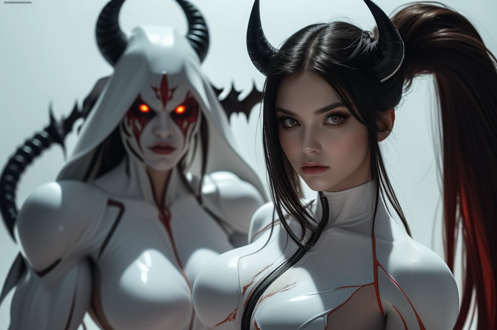 (black and white demoness:1.5),(beautiful female model:1.5), (demoness with Large horns:1.25),(1 super muscular succubus with flayed skin:1.5), (covered in thick white muscle suit:1.5), (exposed perfect anatomy:1.5), high detail, best quality, masterpiece, finely detail, realistic skin texture, 85 mm art lens, f 1.2, sharp focus, 8 k high definition, insanely detailed, intricate, glowing white eyes, white hair, satanic white background, holding whip, hair bun, beautiful female face, white skin