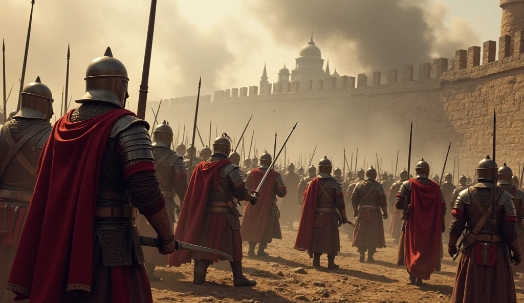 roman soldiers in full armor are marching through a city, fall of rome, epic battle scene, leading spartans into battle, a medieval, the fall of constantinople, in battle, the fall of rome, epic battlescene, historically accurate, scene from live action movie, heroic battle scene, action scene from the film, hbo adaptation