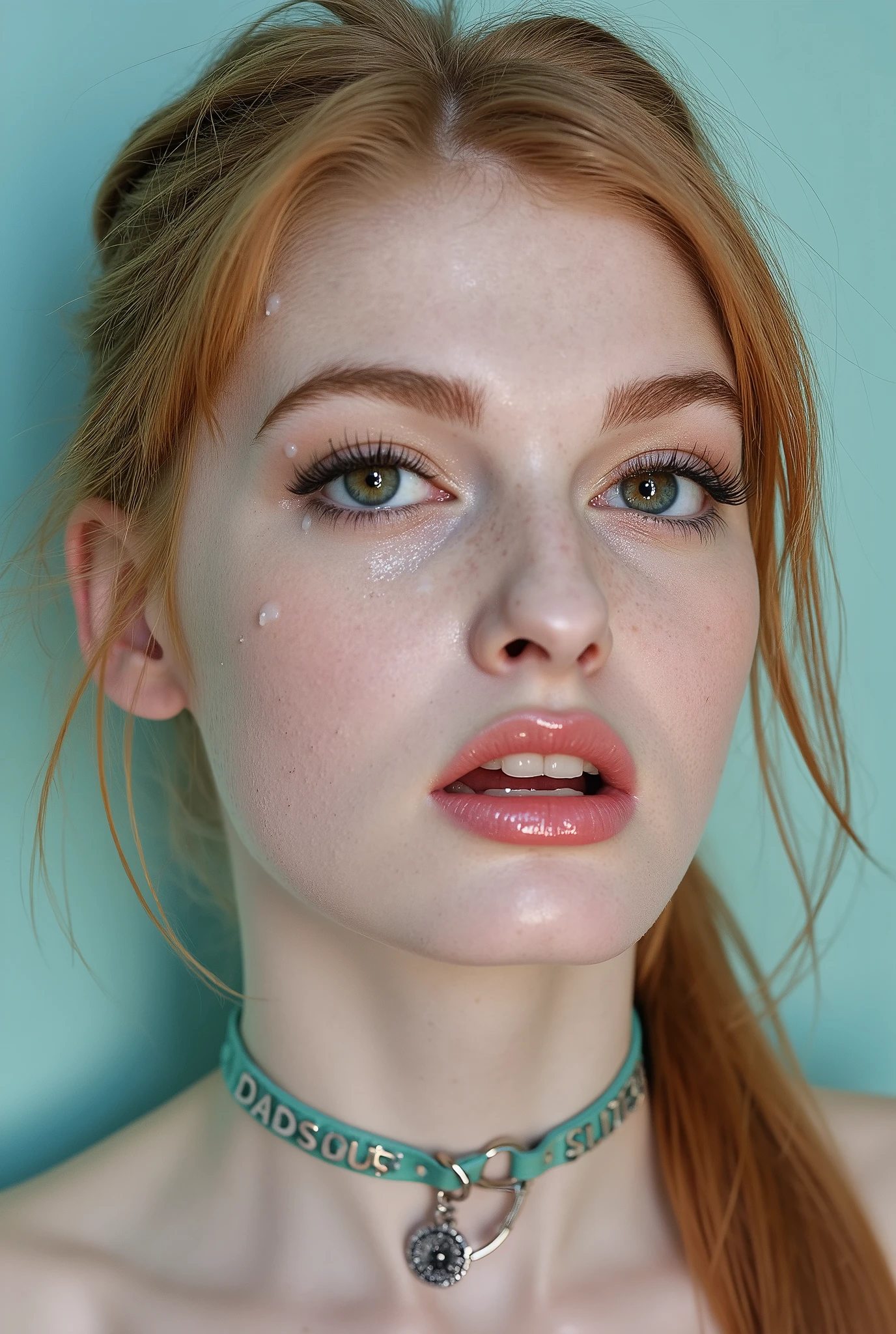 Beautiful albino girl with bright blue eyes, long straigt ginger hair with a ponytail bind up, light turqouse plane background , porcelain skin , (Thick turqouse leather choker with silver text "Daddys SLUT"), Cumface teen with lots of white, sticky, wet, Here Mouth is slitly open and she got Cum in here mouth, white transucent cum all over here face, (Cum on face), Cum on forehead, Dripping cum, Ultra detaild skin, photo ultra-realistic, hyper-detailed , Vogue photo shoot , cinematic, big limps with glossy pink lipstick