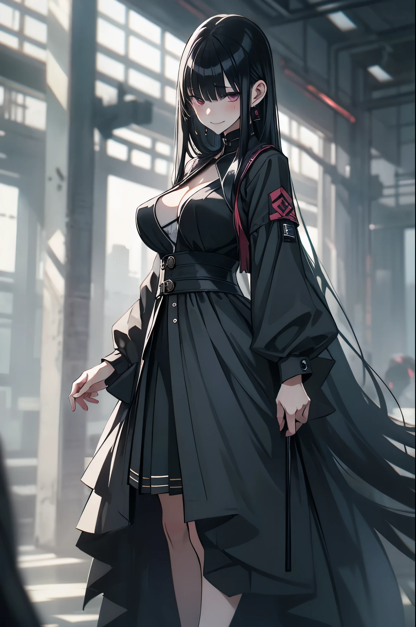 a beautiful detailed young girl with long black hair, gentle smile, anime style, big breasts, yandere aesthetic, tall stature, elegant pose, hyper realistic, 8k, best quality, masterpiece, ultra-detailed, photorealistic, physically-based rendering, sharp focus, vivid colors, dramatic studio lighting