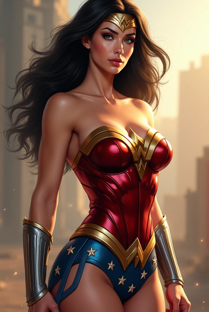 (ultra realistic,32k, masterpiece:1.2),(high detailed skin:1.1),( 8k uhd, dslr, high quality:1.1),
<lora:ww_v1:0.7>ww, wonder woman, 1girl, solo, breasts, black hair, brown eyes,, , <lora:add_detail:0.87>, (huge breast:1.1),
(looking at viewer, Bend forward:1.1),
,(moody lighting:1.1), dystopian megacorporation headquarters, imposing architecture, surveillance drones, oppressed masses