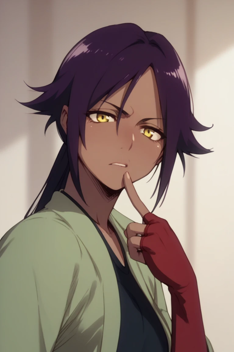 Youruichi, Indian skin tone , wearing a black bikini,  yellow eyes , With doubts with index finger on the chin,  dark purple hair, Talking to someone