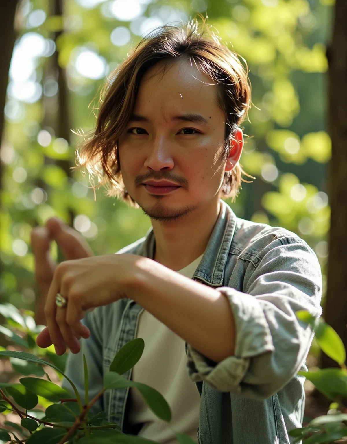 Male Model,  casual outfit , forest,  natural light,  kind expression,  hair swaying like the wind , Green background,  relaxed atmosphere , Outdoor Shot, Natural body