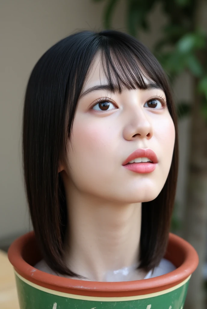 high resolution photograph, photo realistic, masterpiece, amazing quality, intricate details, professional lighting, (in a plant-pot on the table is the disembodied head with neck of a young Japanese woman:1.2), close-up of her head, face focus, black hair with thick blunt bangs, detailed face, detailed eyes, sophisticated nose, (open mouth, cum in mouth), view from front, looking at the viewer, outdoors, daylight, tomak,