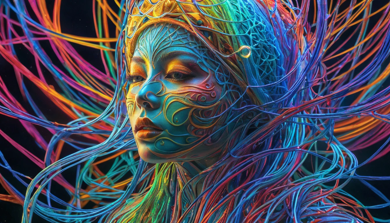 complex 3d render ultra detailed of a beautiful death angel, biomechanical cyborg, analog, 150 mm lens, beautiful natural soft rim light, big leaves and stems, roots, fine foliage lace, colorful details, samourai, Boris Bidjan Saberi outfit, pearl earring, piercing, art nouveau fashion embroidered, intricate details, mesh wire, mandelbrot fractal, anatomical, facial muscles, cable wires, microchip, badass, hyper realistic, ultra detailed, octane render, volumetric lighting, 8k post-production, red and white with a bit of black, detailled metalic bones, semi human, iridescent colors, Glenn Brown style, white room, power of the god, high-angle shot, complex body poses
