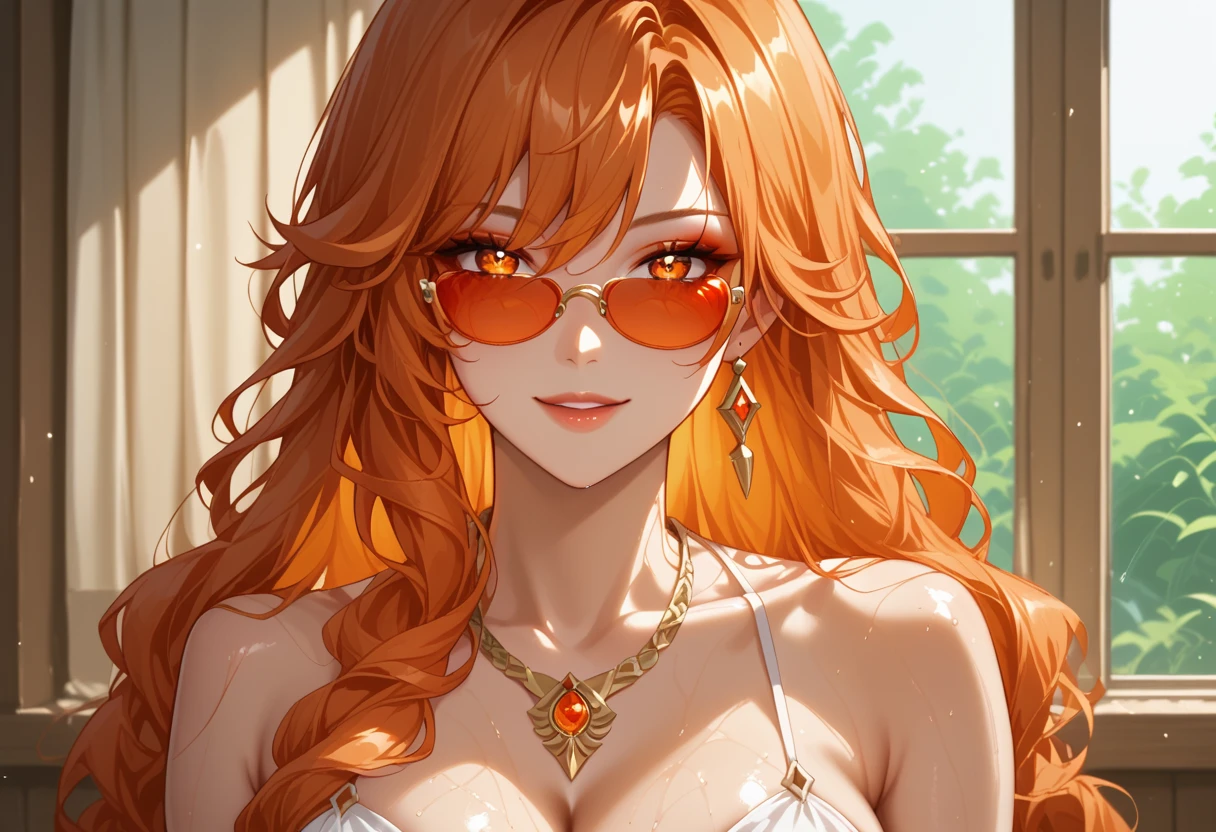 score_9, score_8_up, score_7_up, solo, happy look, romantic atmosphere, 1girl, Mavuika from Genshin Impact, eyeshadow, red sunglasses, A tall young woman with fair skin, red eyes and long wavy red hair. Long red-orange hair that eventually turns yellow-orange. Red-orange eyes. a gold necklace with an orange stone, ( beautiful eyes:1.1), (perfect face, detailed face, detailed eyes, perfect eyes, perfect hands, perfect fingers, large breast, upper body), perfect hands, detailed clothing, long legs full body, indoors, She's standing under the shower in the bathroom, (looking at the viewer), 