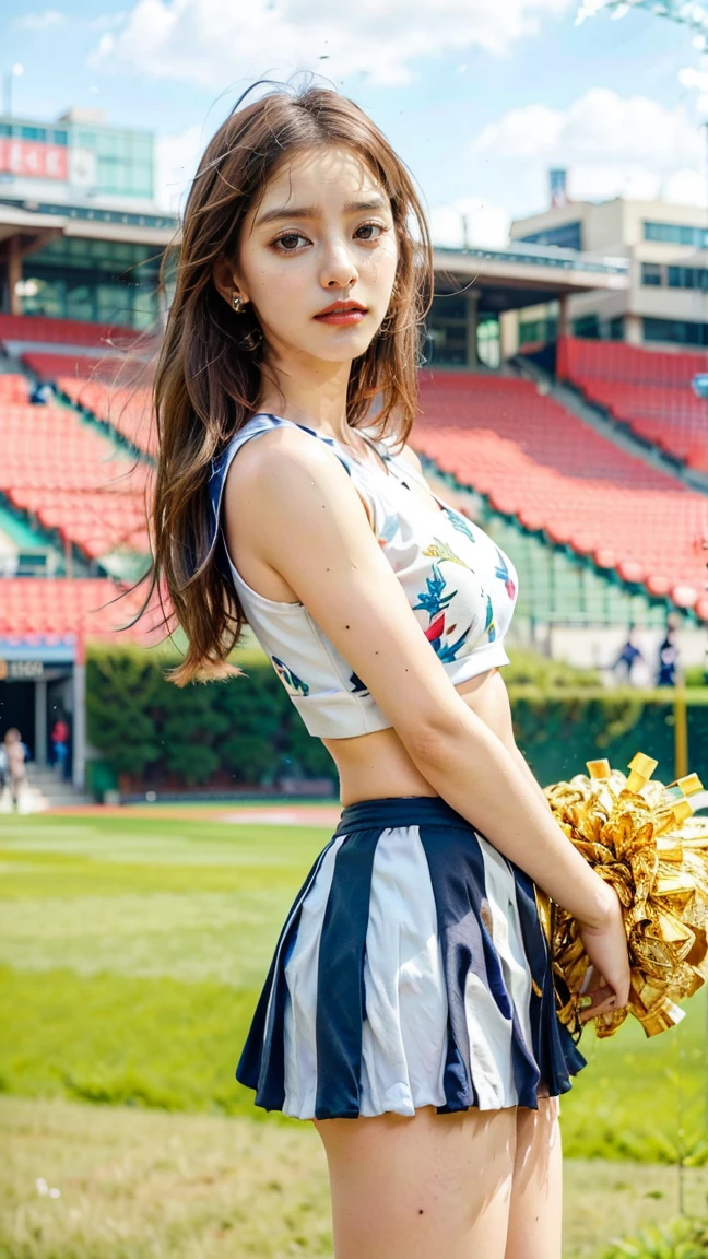 A beautiful young Japanese woman, 20 years old, with perfect anatomy, healthy thighs, beautiful feet, flawless skin, random hair color and style, large bust, (she is standing:1.2), wearing a cheerleader uniform with micro-pleated miniskirt, in a full body shot, standing in a stadium, (best quality,4k,8k, highres, masterpiece:1.3), (extremely detailed:1.2)