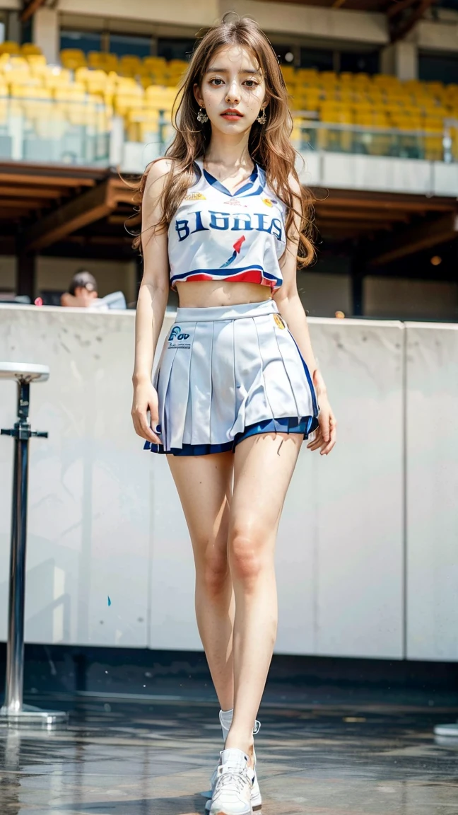 A beautiful young Japanese woman, 20 years old, with perfect anatomy, healthy thighs, beautiful feet, flawless skin, random hair color and style, large bust, (she is standing:1.2), wearing a cheerleader uniform with micro-pleated miniskirt, in a full body shot, standing in a stadium, (best quality,4k,8k, highres, masterpiece:1.3), (extremely detailed:1.2)