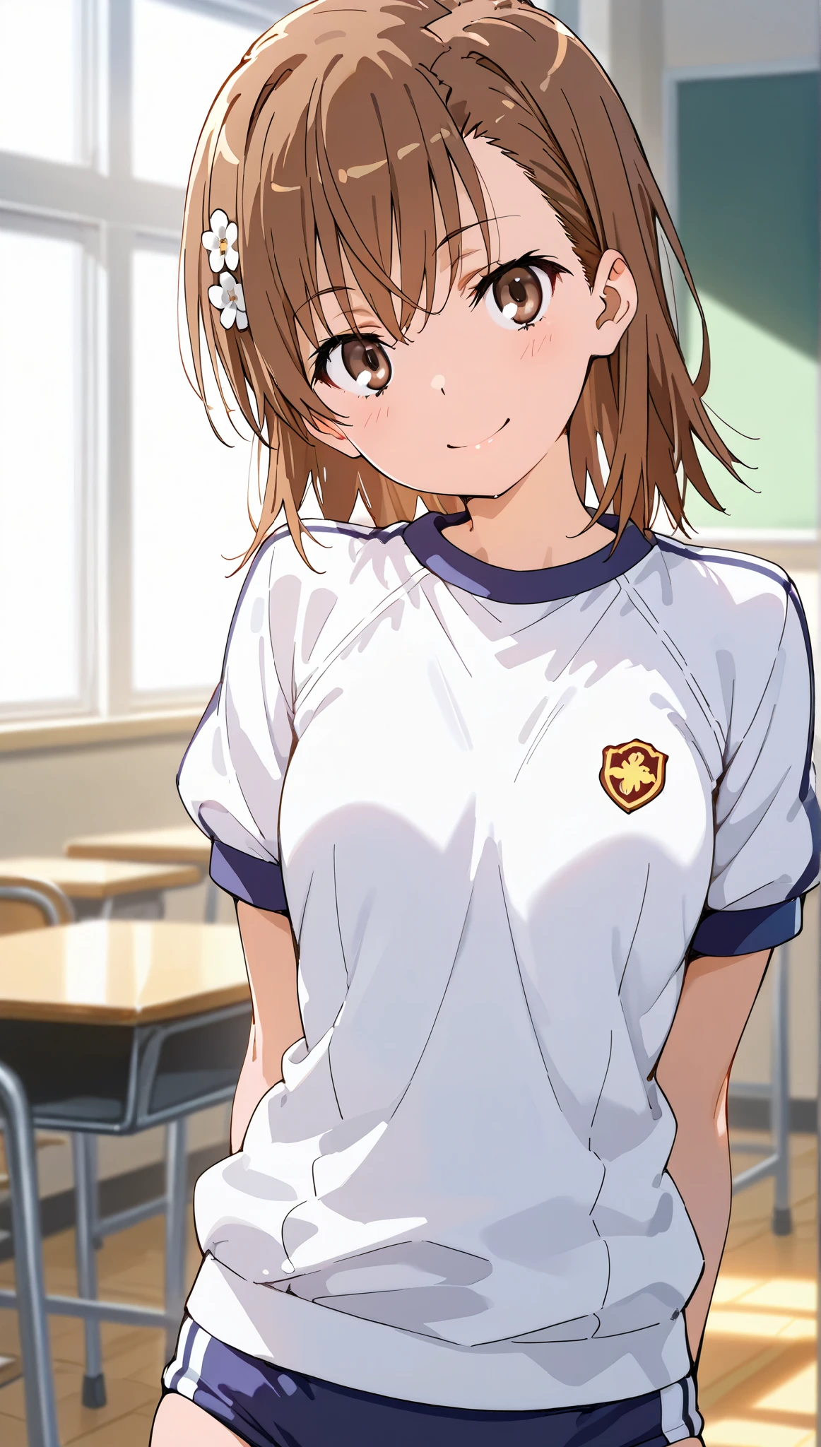 upper body,close up face,from front,classroom,
(masterpiece:1.2, Best Quality), 1girl ,Alone,(only 1 screen),
beauty, glossy lips, Red,
happy smile,standing,head tilt,arms behind back,
,mikoto misaka, short hair, brown hair, hair ornament, hair flower, brown eyes, white gym shirt, short sleeves, buruma, socks,