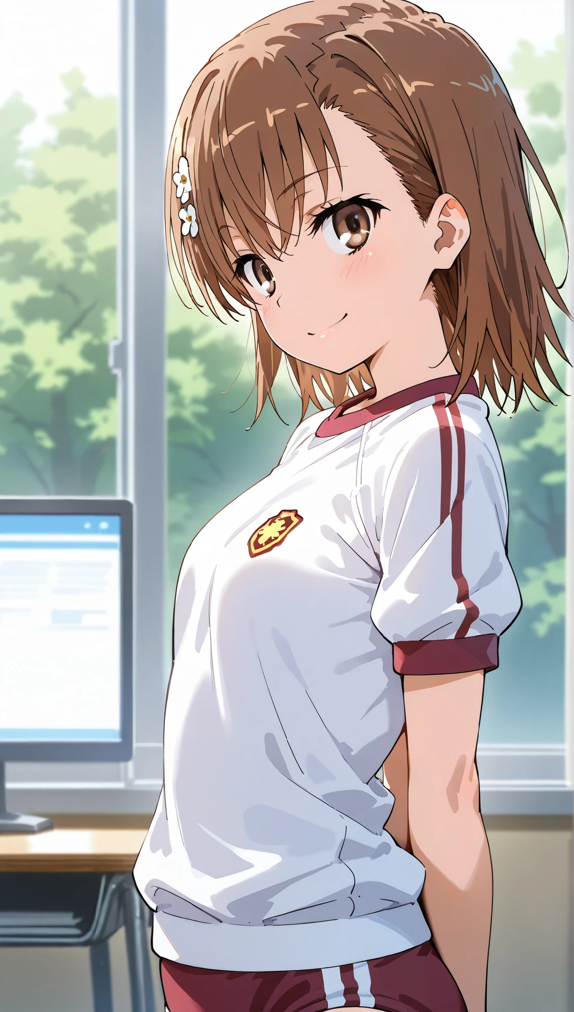 upper body,close up face,from side,classroom,
(masterpiece:1.2, Best Quality), 1girl ,Alone,(only 1 screen),
beauty, glossy lips, Red,
happy smile,standing,head tilt,arms behind back,
,mikoto misaka, short hair, brown hair, hair ornament, hair flower, brown eyes, white gym shirt, short sleeves, buruma, socks,