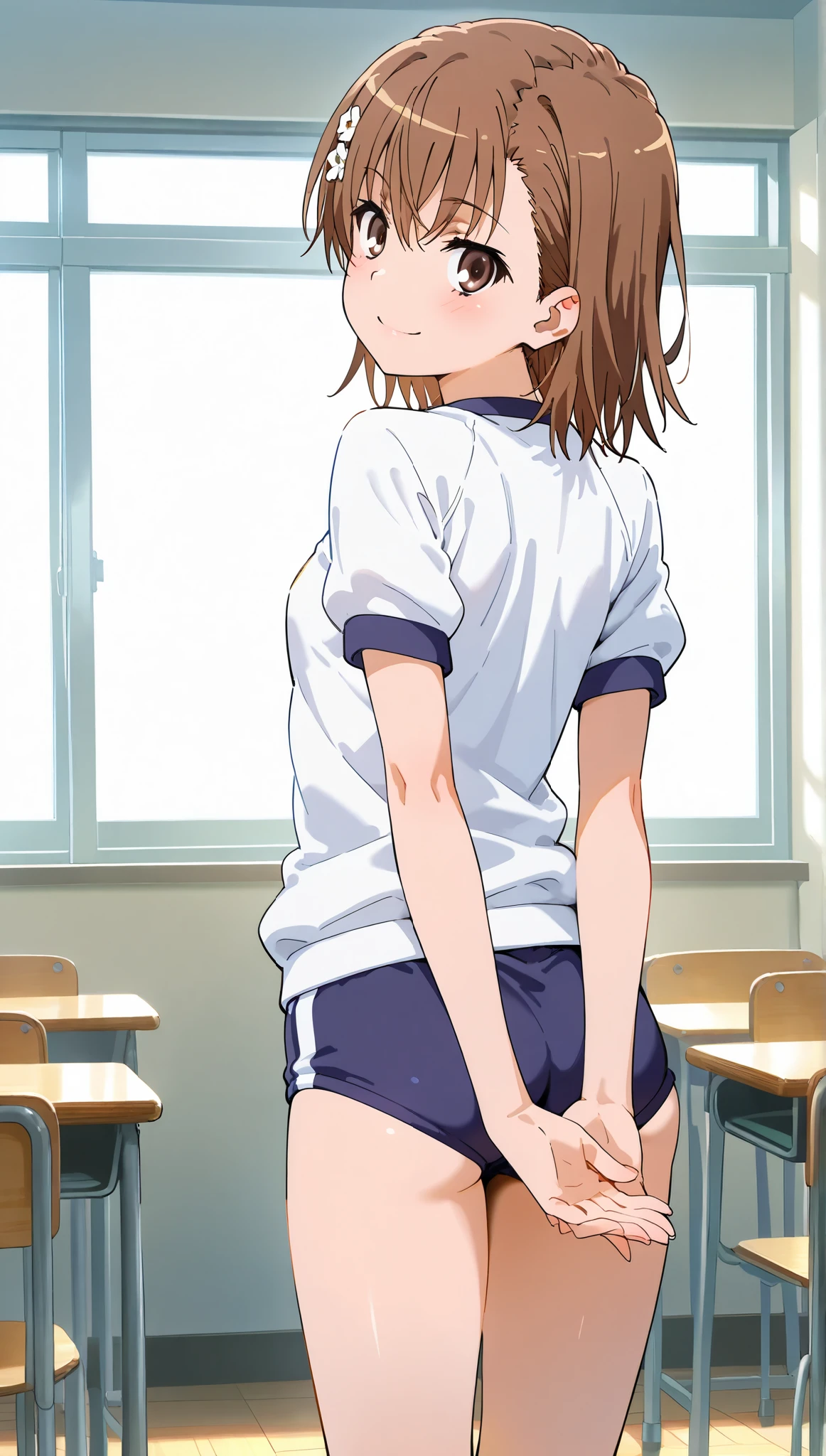 back shot,looking back,upper body,close up face,from front,classroom,

(masterpiece:1.2, Best Quality),  1girl ,Alone,(only 1 screen),

beauty, glossy lips, Red,

happy smile,standing,head tilt,arms behind back,

,mikoto misaka, short hair, brown hair, hair ornament, hair flower, brown eyes, white gym shirt, short sleeves, buruma, socks,
