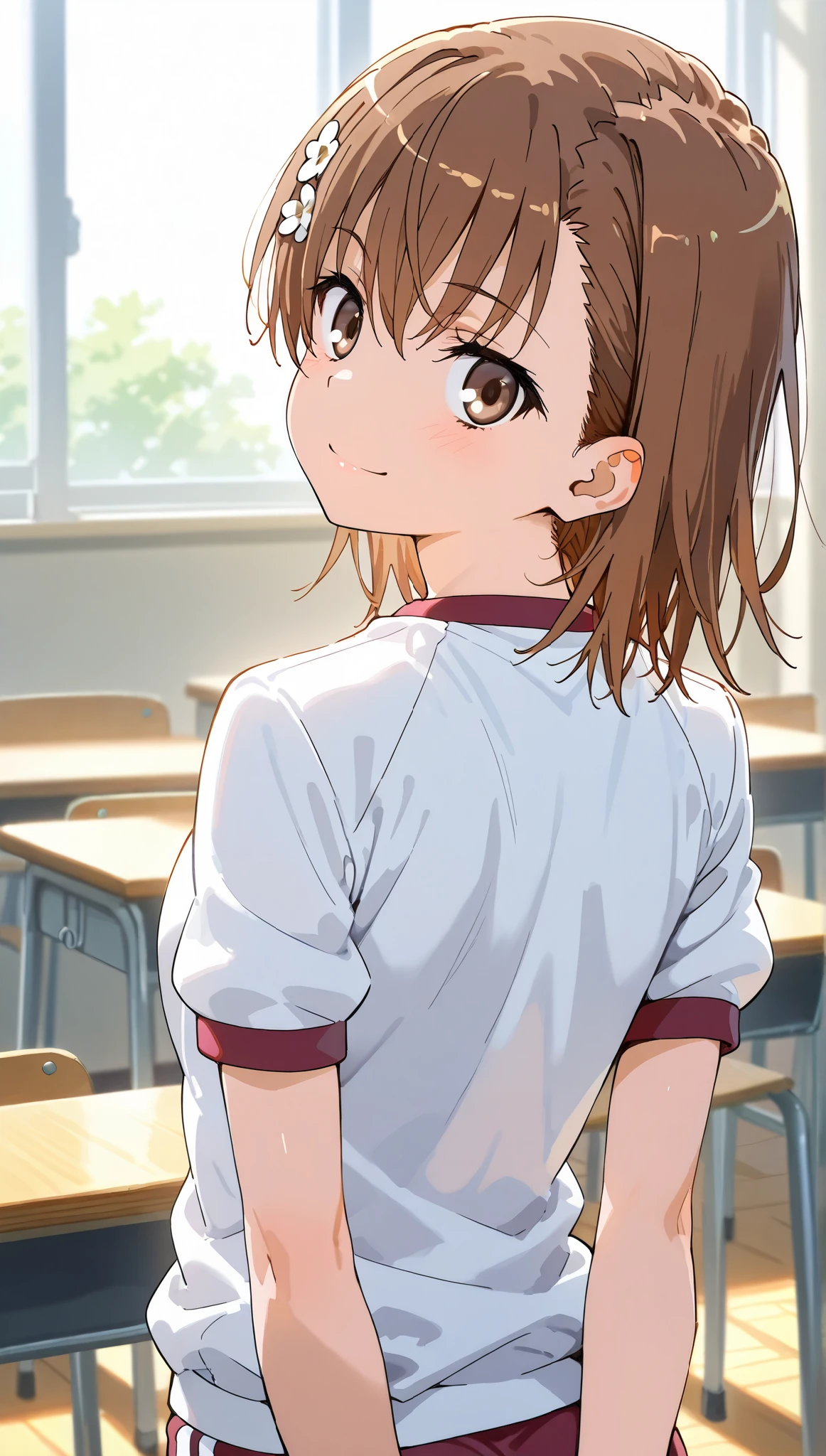 back shot,looking back,upper body,close up face,from front,classroom,
(masterpiece:1.2, Best Quality), 1girl ,Alone,(only 1 screen),
beauty, glossy lips, Red,
happy smile,standing,head tilt,arms behind back,
,mikoto misaka, short hair, brown hair, hair ornament, hair flower, brown eyes, white gym shirt, short sleeves, buruma, socks,