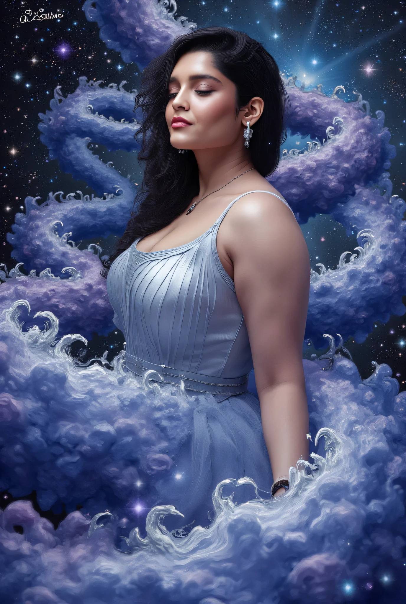 "A woman in a dreamy pose surrounded by a cosmic-inspired background of swirling blues, silvers, and deep purples, reminiscent of a galaxy. The dynamic strokes create a celestial atmosphere, and the 'AI Indie' signature is softly blended into the starry foreground."