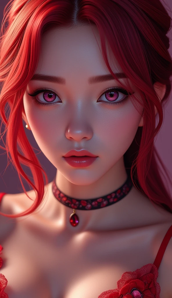  Close-up of a beautiful young Korean woman's face.
Lilac eyes,   red hair, wearing a sexy and provocative dress . 
Estilo anime.