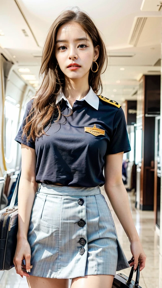 A beautiful, 24-year-old Japanese woman with perfect anatomy, healthy thighs, beautiful legs, beautiful skin, random hair color and style, large breasts, (wearing a flight attendant uniform with a mini-skirt:1.3), (she is standing:1.2), full body shot, pumps, carrying a suitcase, at the airport, (best quality,4k,8k,highres,masterpiece:1.3),(extremely detailed:1.2),realistic,photorealistic,photo-realistic:1.37,professional,vivid colors, studio lighting