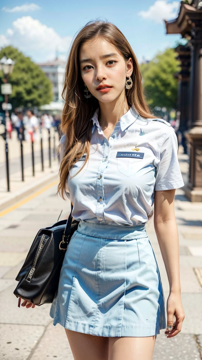 A beautiful, 24-year-old Japanese woman with perfect anatomy, healthy thighs, beautiful legs, beautiful skin, random hair color and style, large breasts, (wearing a flight attendant uniform with a mini-skirt:1.3), (she is standing:1.2), full body shot, pumps, carrying a suitcase, at the airport, (best quality,4k,8k,highres,masterpiece:1.3),(extremely detailed:1.2),realistic,photorealistic,photo-realistic:1.37,professional,vivid colors, studio lighting