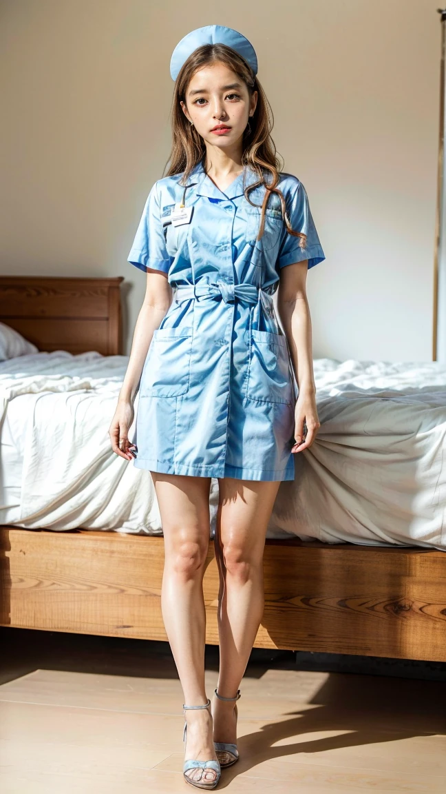 a beautiful young 24-year-old Japanese woman, beautiful, detailed anatomy, beautiful skin, random hair color and hairstyle, big breasts, nurse hat, (nurse uniform:1.3), nurse cap, (she is standing:1.2), full body shot, high heels, hospital, (best quality,8k, masterpiece:1.3), (extremely detailed:1.2)