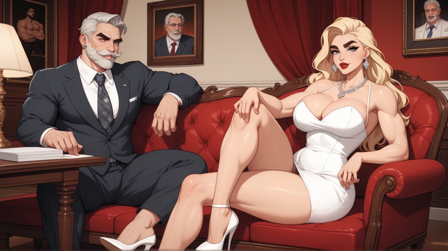 attractive, hot, imposing, old businessman, gray hair, gray eyes, 3 piece suit, sharp jaw, beard, mustache, tall, buff, muscles, 40's man with grays on hair and beard, in a dark wooden office sitting in your table. a young woman in her 20s, big breasts, holliw, holliw, makeup, long blonde hair, thick eyebrows, curves, wearing an extremely short white dress and a diamond necklace, big earrings, white high heels, he is sitting next to her, on a luxurious red sofa, in the background a famous painting. (ilustration)