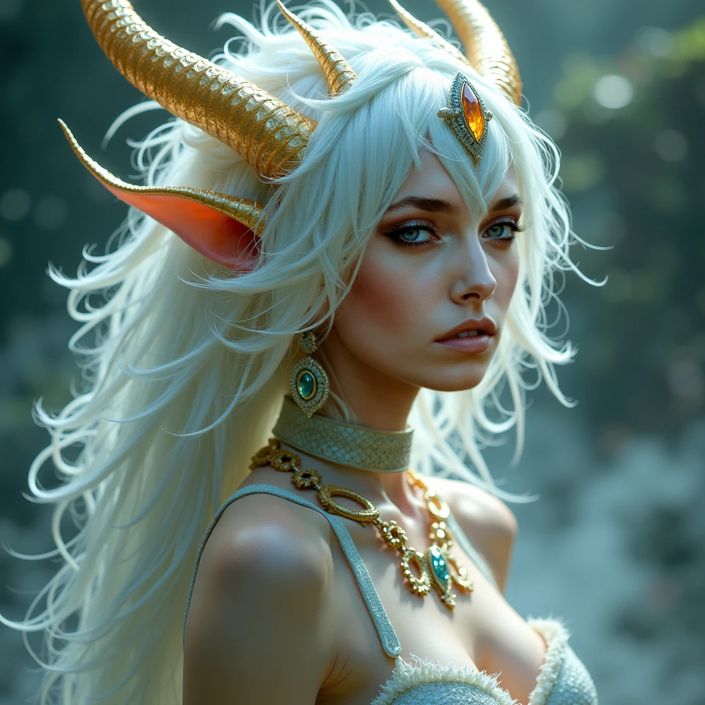 3D render of a cinematic shot of a sexy, sensual female character with extremely long neon white ultra-realistic hair. She hasgold-silver eyes and two white curled horns protruding from her head. She wears a white/gold gown and has a sensual expression on her face. The character stands in front of a stone archway that leads to a wooden door. 24K, The setting appears to be a dimly lit, old stone structure,