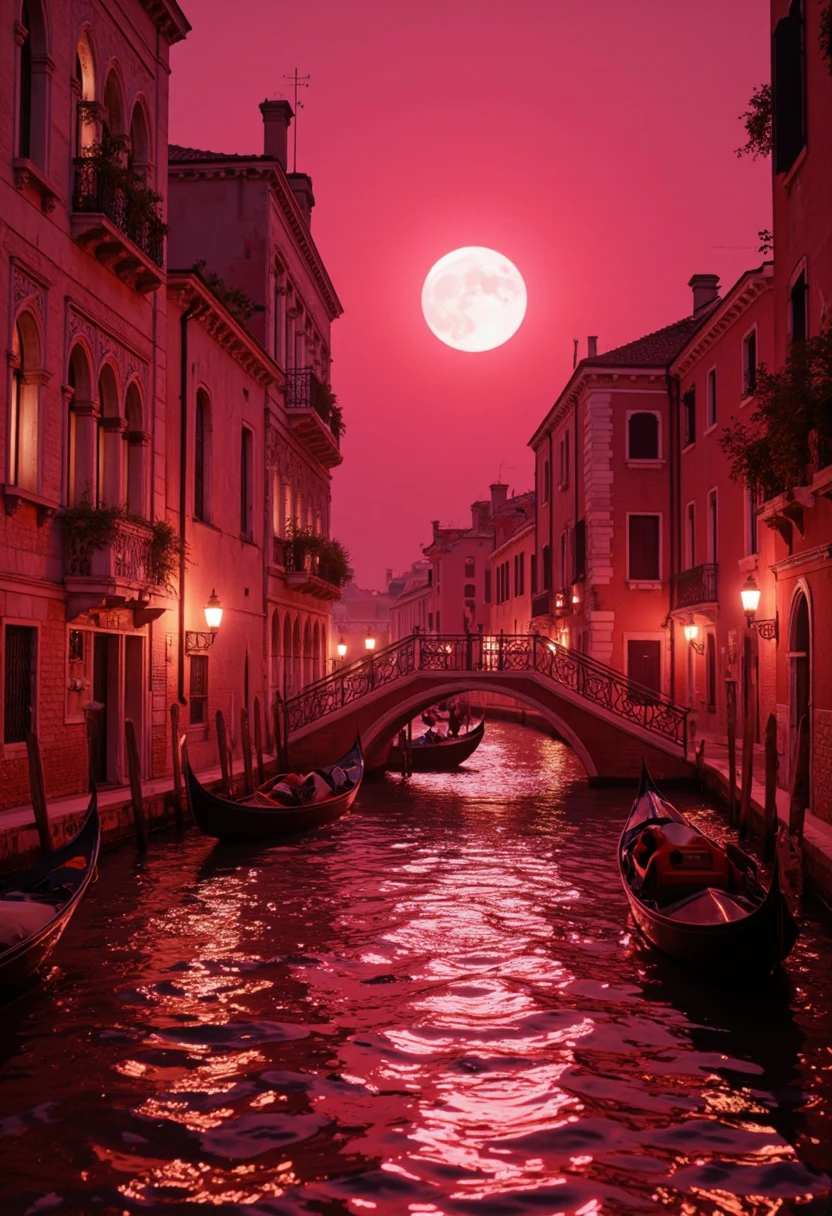 A world of crimson, a world where everything is red, a scene of the waterways of Venice illuminated by a large full moon, fusion of watercolor, acrylic and collage, conceptual installation art