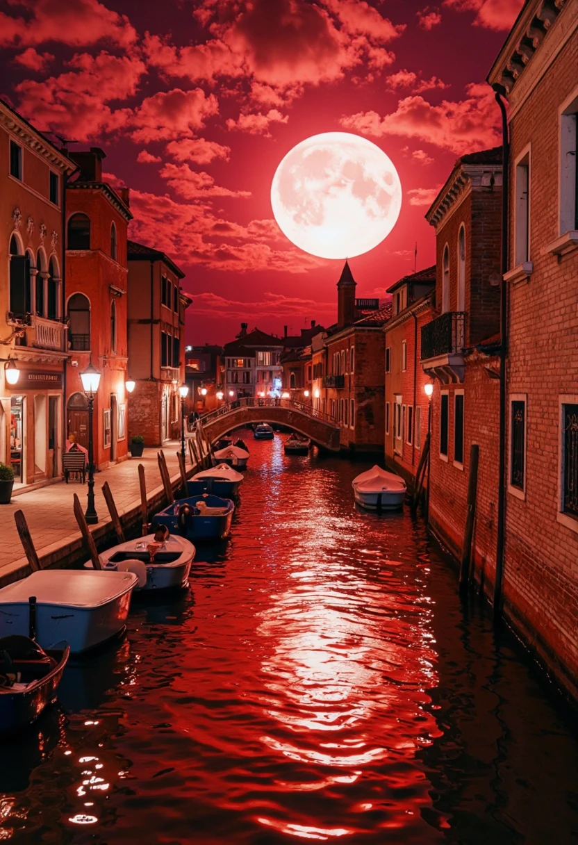 A world of crimson, a world where everything is red, a scene of the waterways of Venice illuminated by a large full moon, fusion of watercolor, acrylic and collage, conceptual installation art