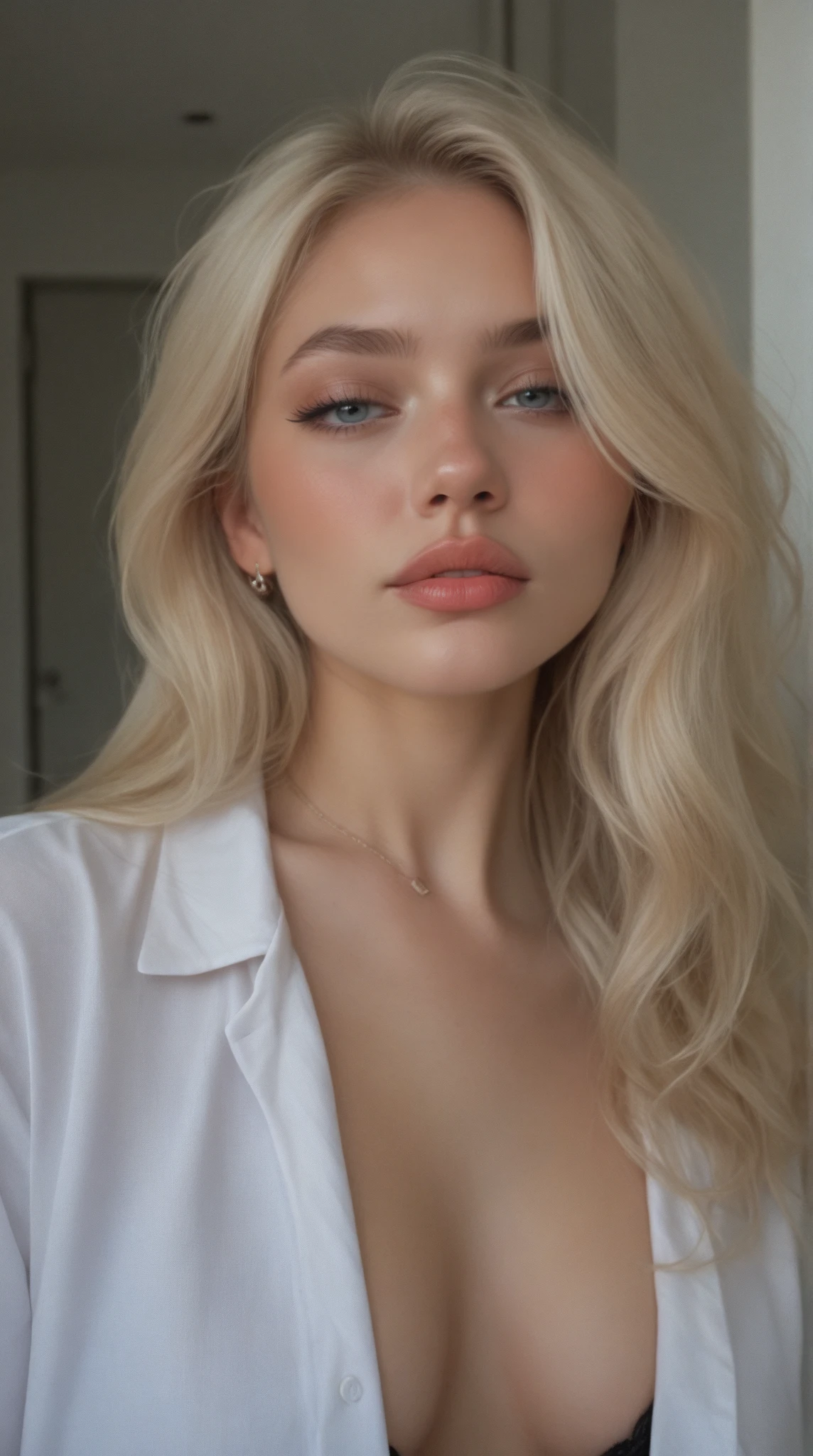 a woman with blonde layered hair and professional makeup, white skin, UHD