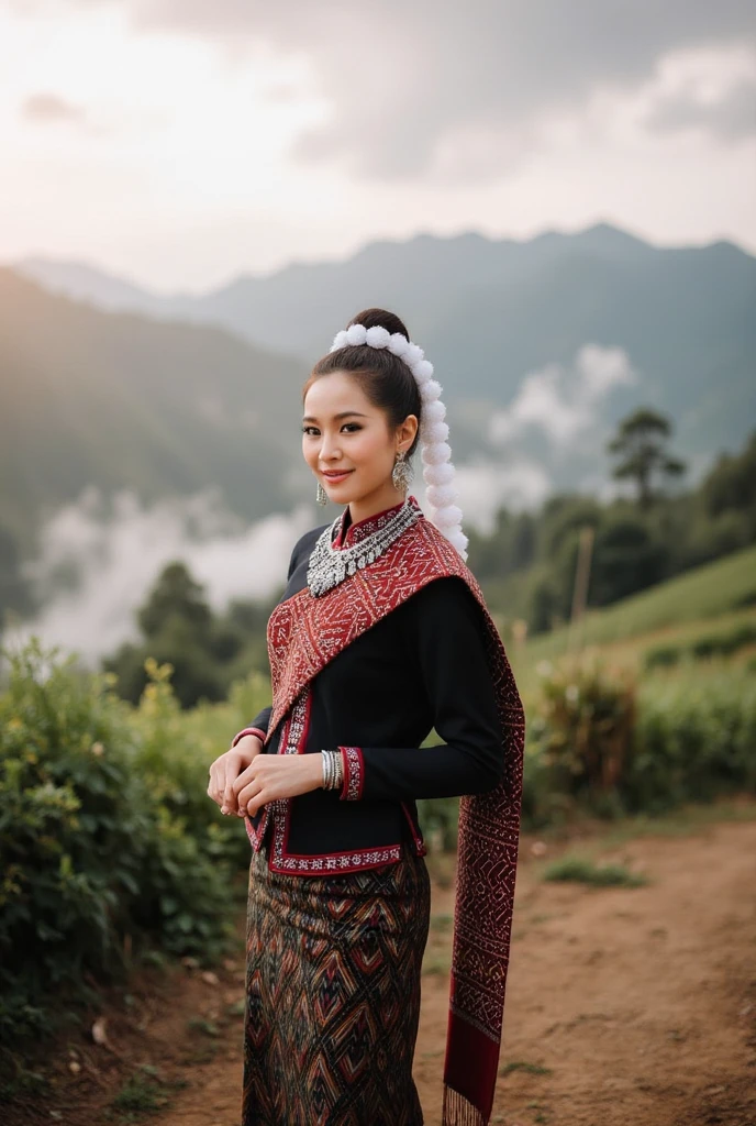 A mid shot of young woman dressed in traditional laos luangprabang attire,

standing pose,carrying a barefoot 

showcasing the intricate designs on her dress,colorful geometric patterns,and silver accessories.,

setting of northern laos mountain peaks. The scene features a misty atmosphere with a chilly,serene morning vibe,surrounded by lush greenery and distant hills,under a partly cloudy sky.,

The warm sunlight enhances the earthy tones of the scene,while gentle fog on moutain,

The mood is warm and inviting,highlighting the authenticity and charm of traditional laos