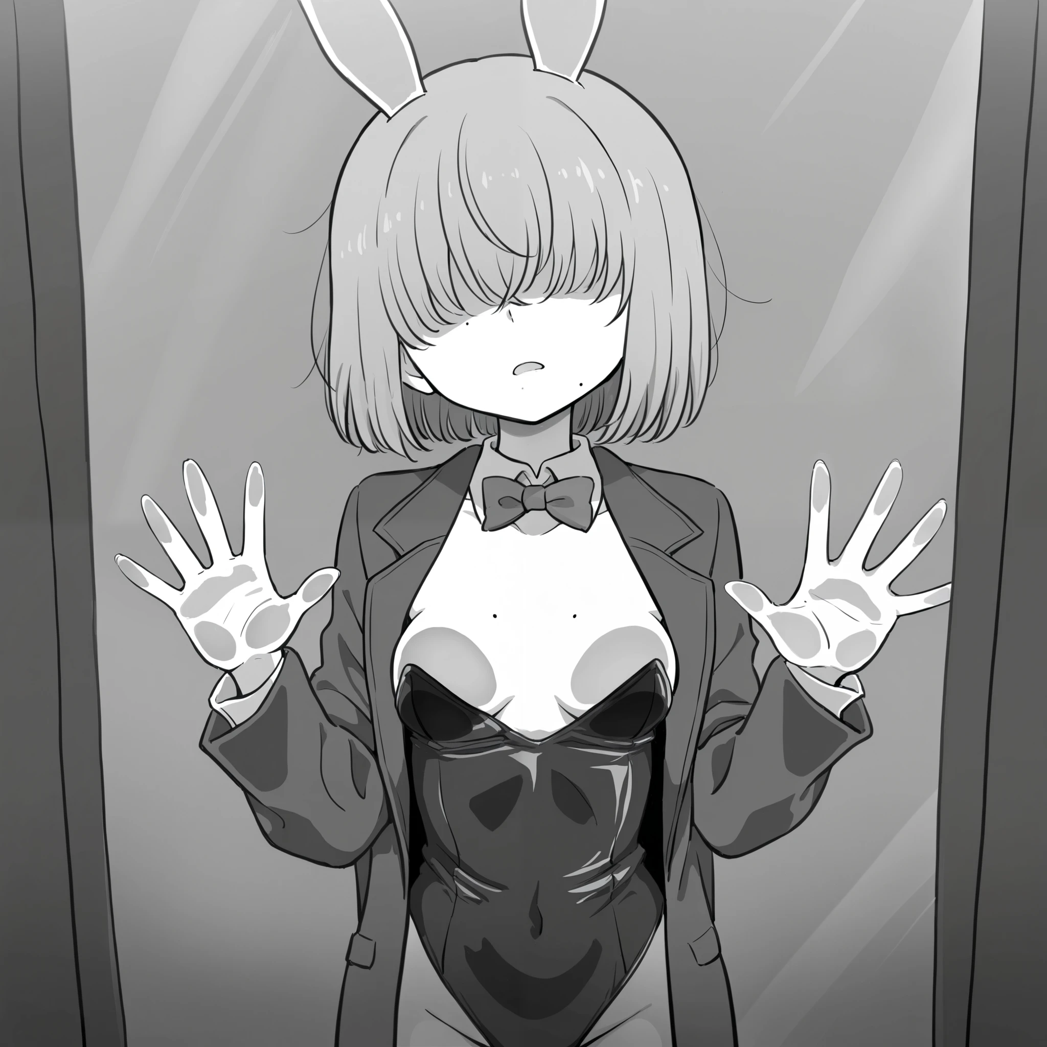 Browsing Caution,Sweat,White Breath,Demon slayer,Terauchi Kiyo,Standing posture,Large areola,White steam,Small breasts,Bunny costume,Open the red curtains,corridor,Welcome,smile