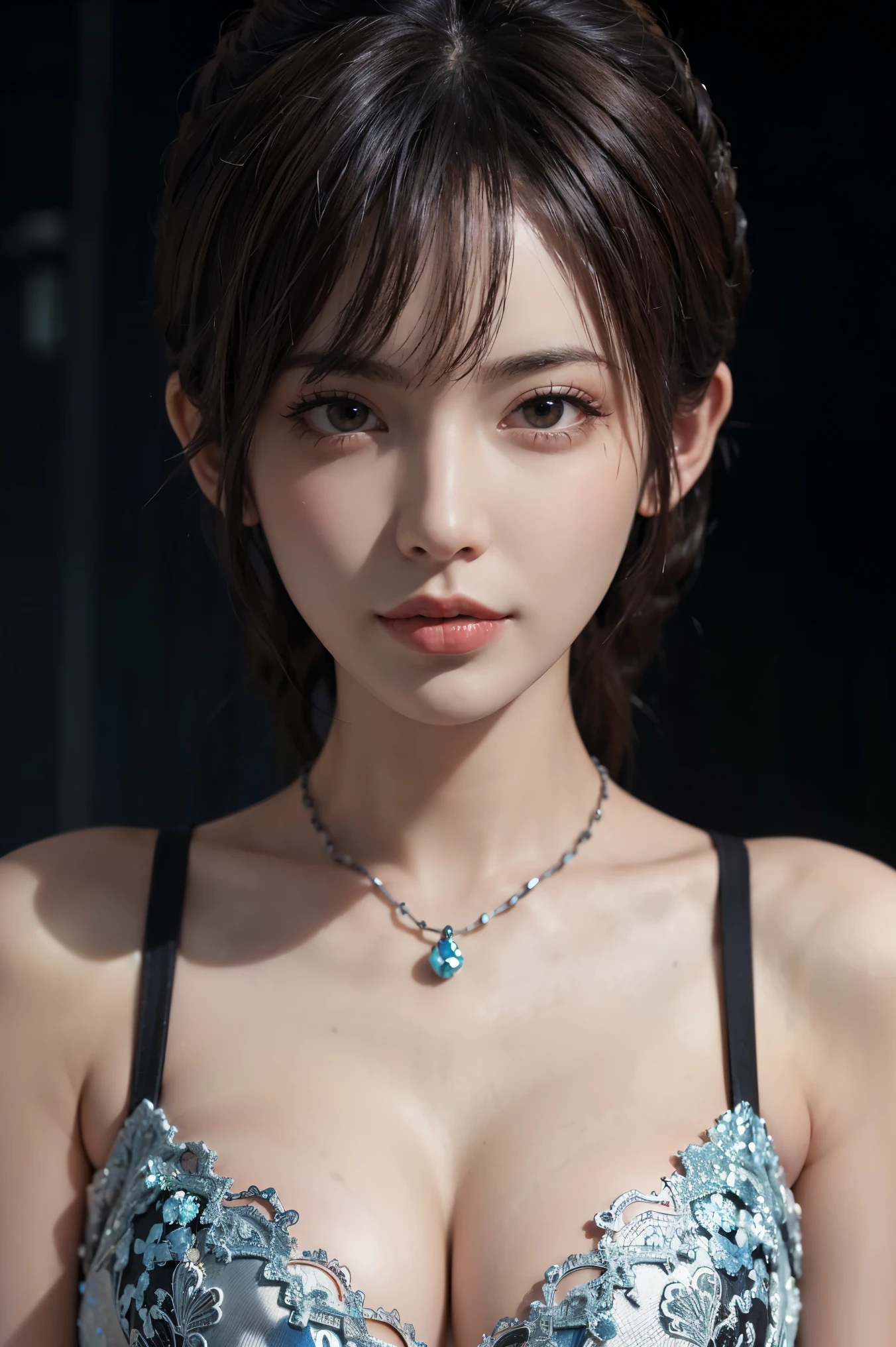 Photo realistic:1.9, Realistic:1.9, Realistic face and eyes:1.9, Realistic skin:1.9, One person, beautiful girl, Shooting from knees to head:1.8, fine grain, Perfect functionality, (Highest quality), (Good quality), Intricate details, earrings, (See through), (Written boundary depth), Perfect Skin, happiness, Short black hair, Huge breasts:1.9, Cleavage, Small waist, from the front, Pit lane of a car race track, Standing, focus on chest, nsfw:1.9, Seductively Posing, jelomusashirq, large breasts, purple hair, hairclip, yellow eyes, animal ears, facial mark, detached collar, magatama necklace, arm strap, asymmetrical gloves, tube top, slingshot swimsuit, fishnets, crotch zipper, thighhighs, (condom_belt, condom, used condom, multiple condoms, colorful_condom):1.4, (((condom left in mouth))), ray tracing, (masterpiece), UHD, anatomically correct, textured skin, high details, high quality